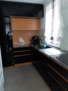 a kitchen with black cabinets and a black refrigerator at Piękny duży dom 300m od plaży in Międzywodzie