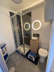 mała łazienka z toaletą i prysznicem w obiekcie Escapade à Cabourg, 300M plage, calme et chaleureux w mieście Cabourg