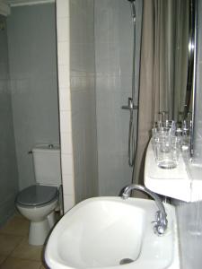 a bathroom with a toilet and a sink and a shower at Le H de SERNHAC in Sernhac