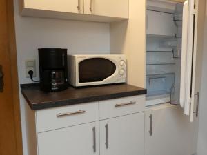 un four micro-ondes installé au-dessus d'un comptoir de cuisine dans l'établissement Ferienwohnung Zerlaut, à Langenargen