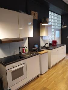 een keuken met witte kasten en een wastafel bij Apartment West - Michael in Stuttgart