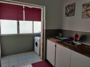 uma cozinha com um lavatório e uma máquina de lavar roupa em Vasco Santana Guesthouse em Odivelas