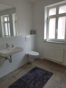 a bathroom with a toilet and a sink and a mirror at Ferienwohnung in Brackenheim