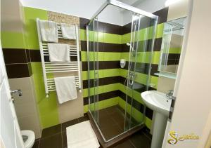 a bathroom with a shower and a sink at Hotel Saftica in Săftica +38 photos