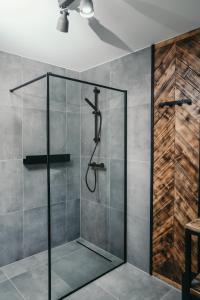 um chuveiro com uma porta de vidro na casa de banho em Tatra Loft em Zakopane