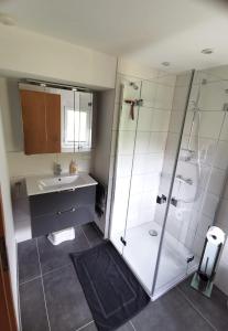 a bathroom with a shower and a sink at Ferienwohnung Am Salzbach in Lemberg