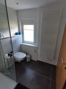 a bathroom with a toilet and a window at Ferienwohnung Am Salzbach in Lemberg +6 photos