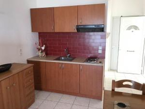 a kitchen with a sink and a red brick wall at Athena Kythera in Dhiakofti
