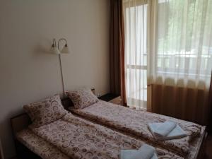 um quarto de hotel com uma cama e uma janela em Apartment in Borovets Gardens C17 em Borovets