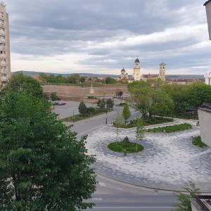 vistas a un parque con árboles y edificios en Apartament Carolina Parc en Alba Iulia