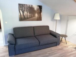 kanapa w salonie z obrazem na ścianie w obiekcie Riverside Apartment w Garmisch Partenkirchen