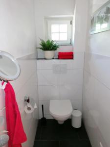 a white bathroom with a toilet and a window at Baumhaus Freiburg in Freiburg im Breisgau