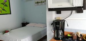 Habitación con cama y licuadora en la encimera en Red Frog Rooms, en Fortuna