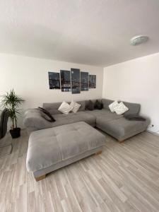 a living room with a gray couch at Bella Luna in Überlingen