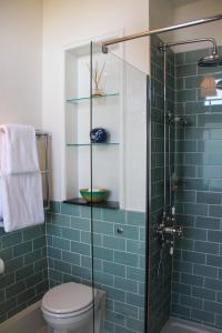 y baño con ducha, aseo y azulejos azules. en Manoir de Beauregard - Cunault, en Trèves-Cunault