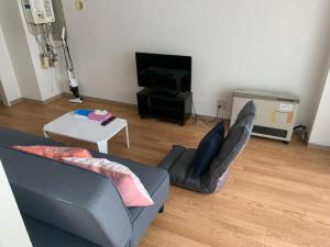 a living room with a couch and a tv at 交通アクセス便利! 9min from susukino station すすきの駅から歩いて9分 島屋ビル 505号室 in Sapporo