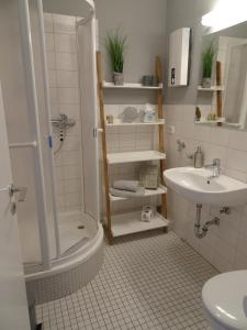 a bathroom with a shower and a toilet and a sink at Ferienwohnung Fördedeck in Kiel