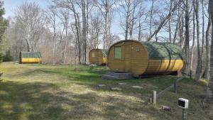 a group of three dome homes sitting in a field at Imantas nams in Jūrkalne