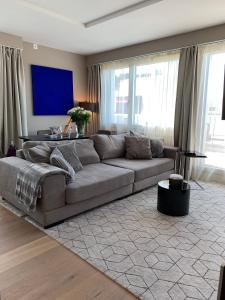 Luxury Penthouse Zurich في زيورخ: غرفة معيشة مع أريكة رمادية في غرفة مع نوافذ