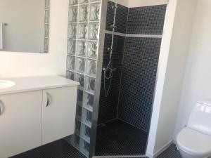 a bathroom with a shower with a glass wall at Løgstør Badehotel - Hotel du Nord in Løgstør