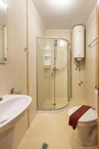 a bathroom with a shower and a toilet and a sink at Apartments Flora in Burgas City