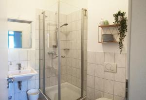 un baño con ducha y lavabo en Römerburg Apartments Burgstraße, en Boppard 25 fotos más