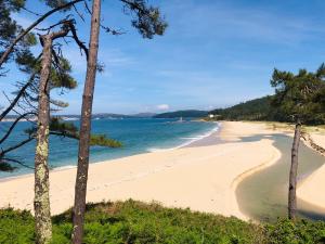 a view of a beach with trees in the foreground at Hotel Playa de Lago in Muxia