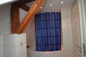 尼爾廷根的住宿－Nürtingen Zimmer，浴室配有蓝色的浴帘和浴缸