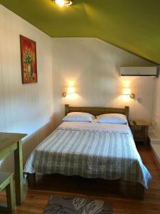 um quarto com uma cama com duas almofadas em Pensiunea Iona em Baia Mare