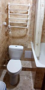 La salle de bains est pourvue de toilettes blanches et d'un lavabo. dans l'établissement Сонячна, à Trouskavets