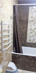 bagno con tenda per la doccia e servizi igienici di Сонячна a Truskavec'