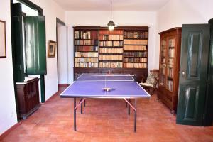 Central Villa في سيسيمبرا: طاولة بينج بونغ في غرفة بها كتب