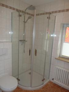 ein Bad mit einer Dusche und einem WC in der Unterkunft Ferien auf Rügen Familie Geist in Garz