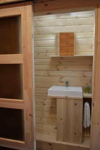 a bathroom with a sink and a wooden wall at A Chjusella di E Sertine in Tralonca