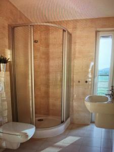 a bathroom with a shower and a toilet and a sink at "Willa pod Cyprysami" in Ustka