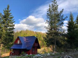 Cabaña roja pequeña con techo azul en el bosque en Cabin Drveni Kutak, en Sekulić 