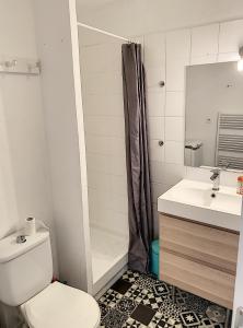 W łazience znajduje się toaleta, umywalka i prysznic. w obiekcie Cabourg Proche Thalasso w mieście Cabourg