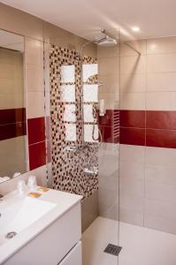 a bathroom with a glass shower and a sink at Hôtel du Musée in Arles