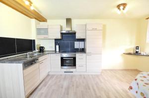 a kitchen with white cabinets and stainless steel appliances at Apartment Strasbourg - Europapark / Wallaston in Offenburg