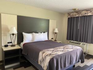 une chambre d'hôtel avec un grand lit et deux lampes dans l'établissement Regency 7 Motel, à Fayetteville