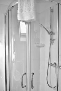 a bathroom with a shower with a glass door at Witchingham B&B in Holyhead
