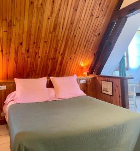1 dormitorio con 1 cama con techo de madera en Studio Le Gachet en Pouligny-Notre-Dame