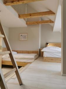 1 Schlafzimmer mit 2 Etagenbetten und einer Leiter in der Unterkunft Apartmány Slunce in Osečná