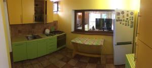 a kitchen with green cabinets and a white refrigerator at Villa Lina in Karolino-Buhaz