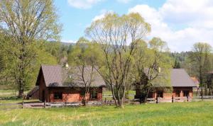 uma cabana de madeira no meio de um campo em Chaty Rysia i Misia - całoroczne domy na wynajem em Wetlina