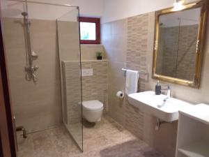 a bathroom with a shower and a toilet and a sink at Summerhouse Duće Omiš in Duće