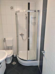 La salle de bains est pourvue d'une douche, d'un lavabo et de toilettes. dans l'établissement Panoramic view apartments Crikvenica, à Crikvenica