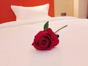 una rosa roja sentada sobre una cama blanca en 7Days Premium Chongqing Liangjiang New District Yufu Industrial Park Yuzui Branch en Chongqing