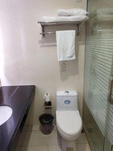 Baño pequeño con aseo y lavamanos en 7Days Premium Suzhou Tongli Ancient Town Branch en Suzhou