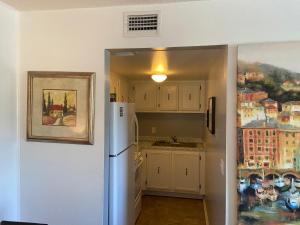 a kitchen with a white refrigerator and a painting on the wall at Private room in a 2 bedroom 1 bathroom shared with host, on the beach, surrounded by resorts, only 2 people MAX in St Pete Beach
